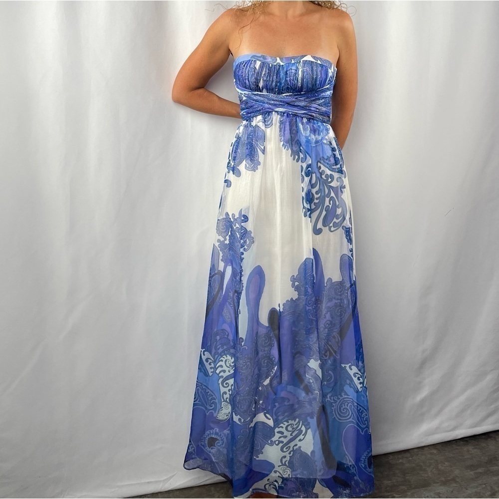 Aidan Aidan Mattox Silk Blend Strapless Maxi Dress in White Blue Size 0